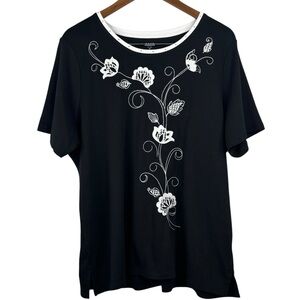 Alia Black Rhinestone Detail Neckline & White Embroidered Floral Design Top 2X